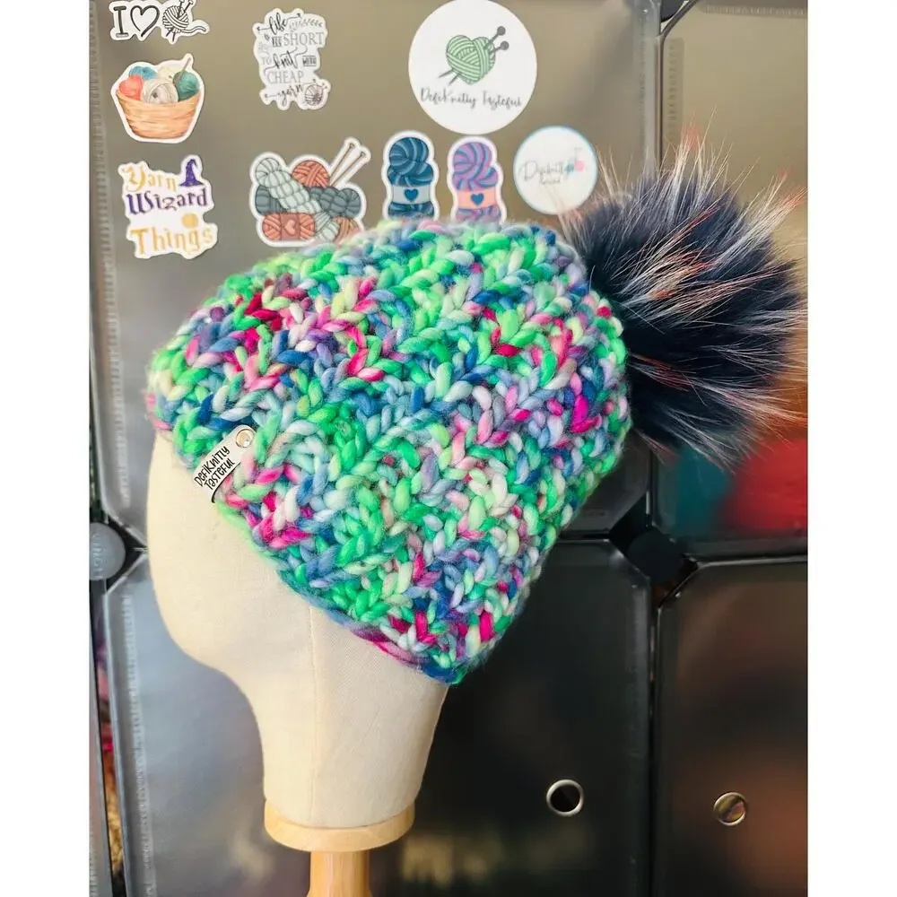 Hand Knit Merino Wool Beanie: DefiKnitly Tasteful Knit Hat with Faux Fur Pom